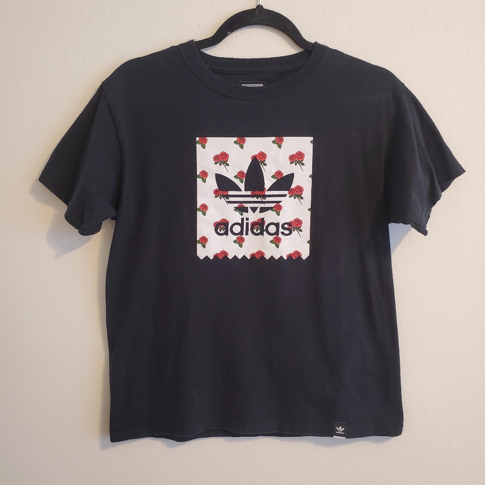 Adidas Roses Black Graphic Short Sleeve T-shirt - Cute Athleisure Casual Top